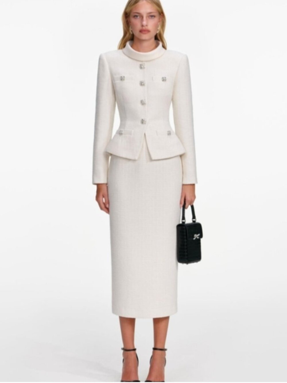 Self-Portrait Cream Boucle Tailored Midi Dress